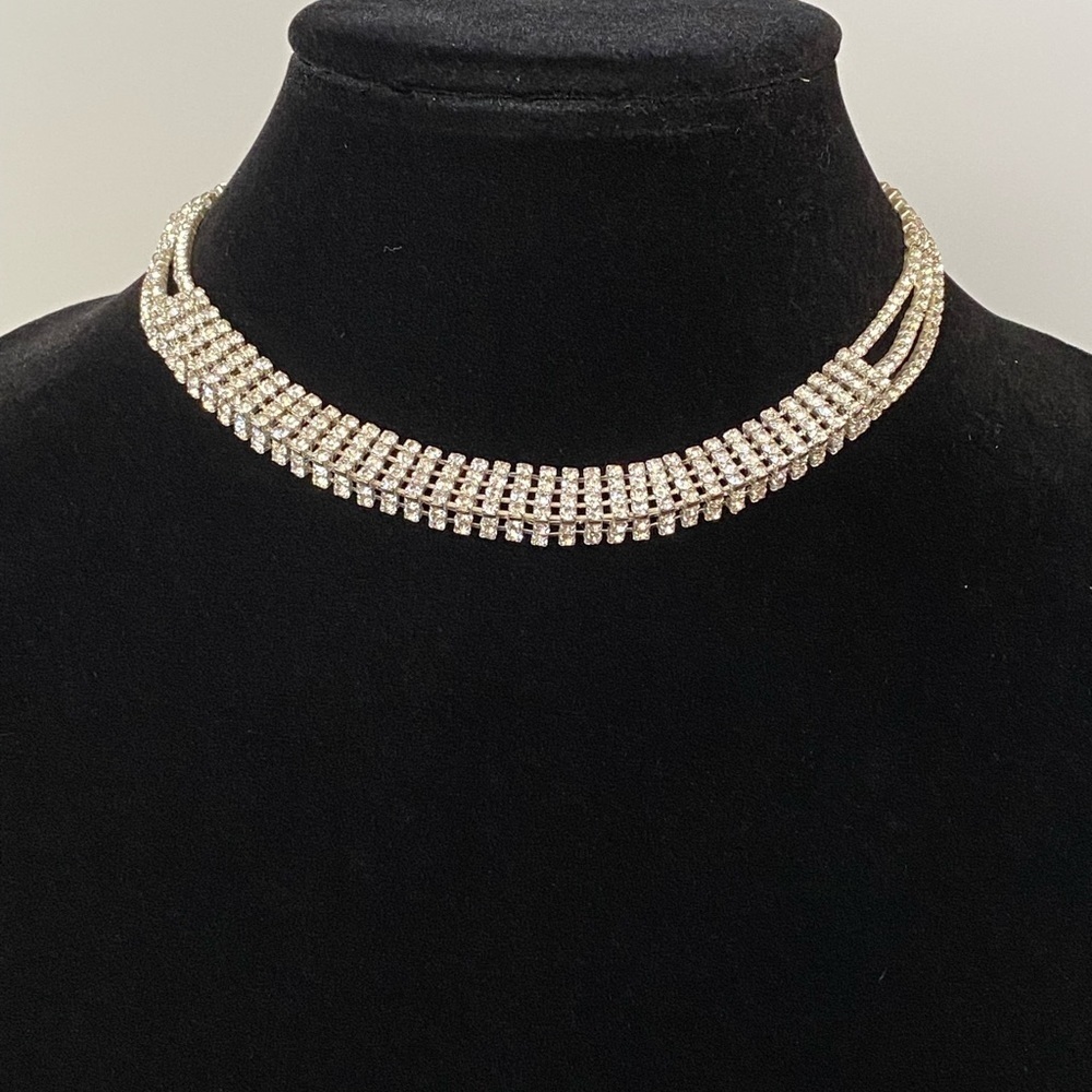 Necklace Crystal Clear Rhinestones Collar Glam Bling 13”+ 6.5”